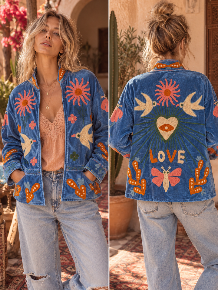 Love Bird Velvet Jacket - Blue