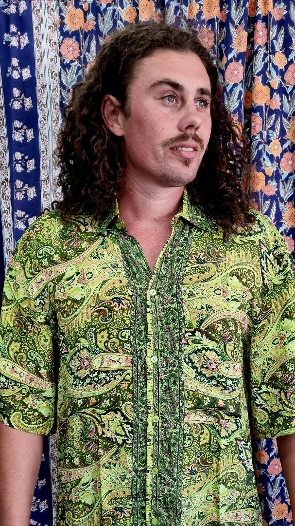 Rhododendron Mens silk shirt ~ Green