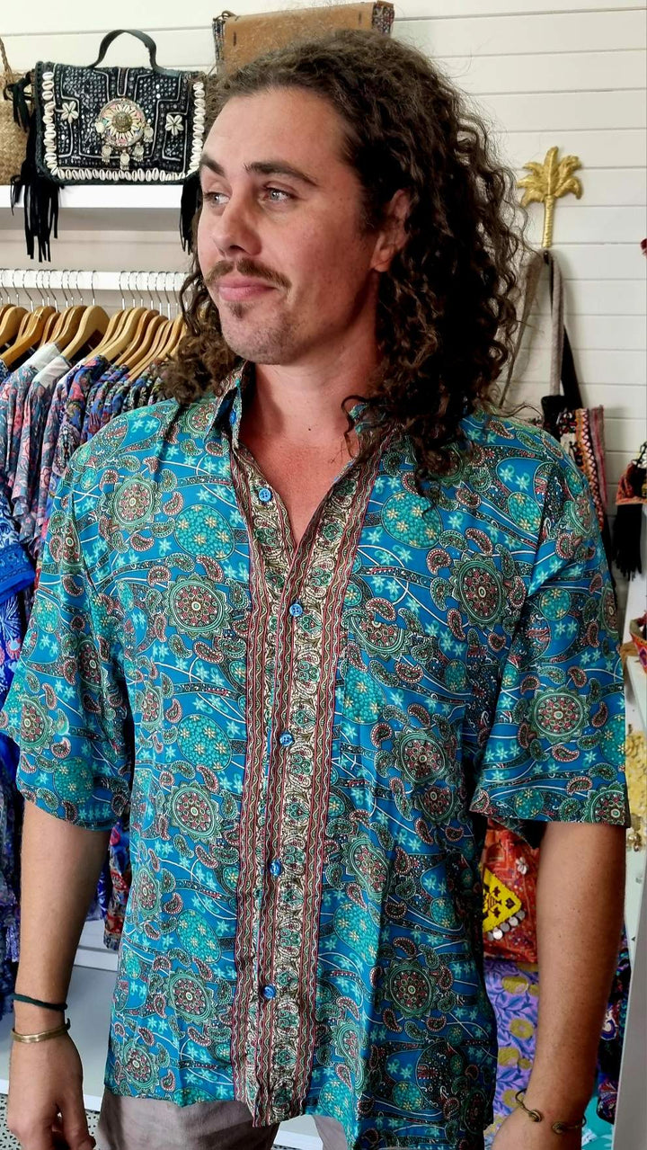 Rhododendron Mens silk shirt ~ Turquoise