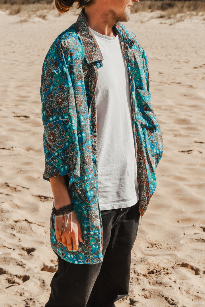 Rhododendron Mens silk shirt ~ Turquoise