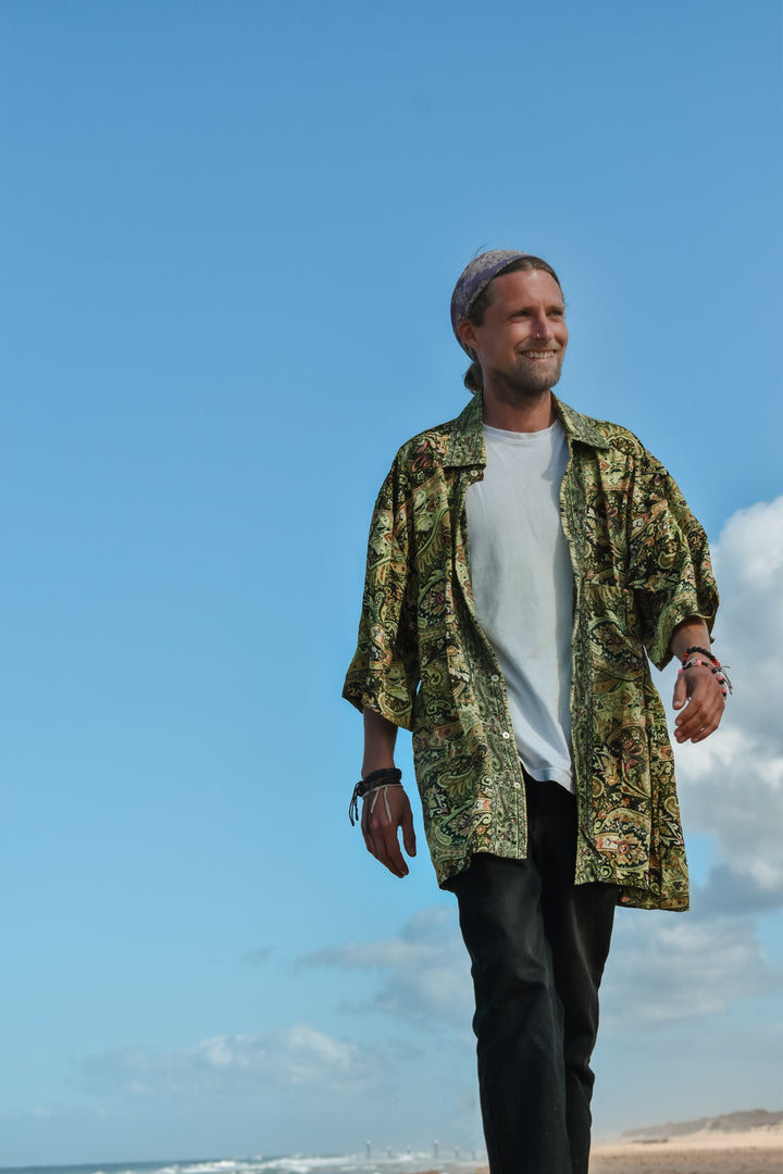 Rhododendron Mens silk shirt ~ Green