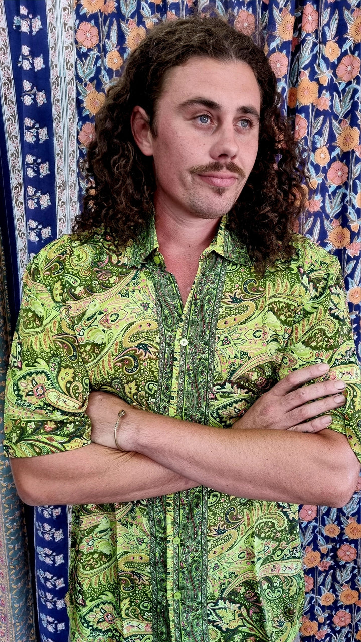 Rhododendron Mens silk shirt ~ Green