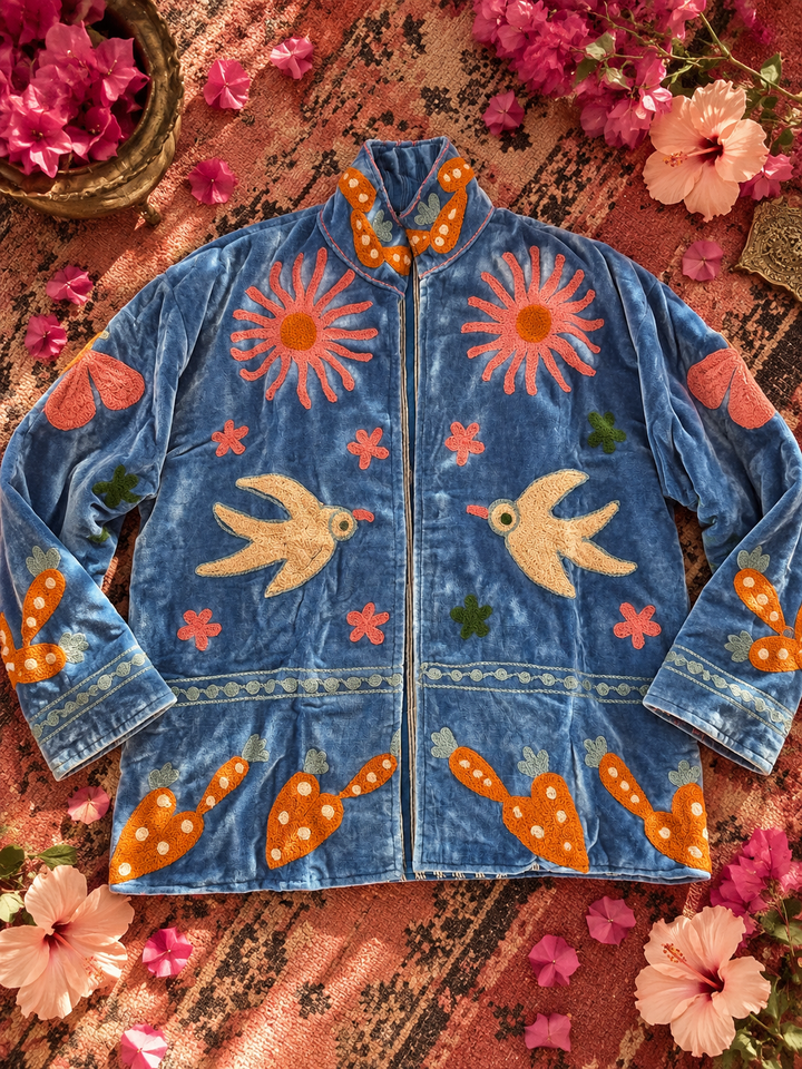 Love Bird Velvet Jacket - Blue