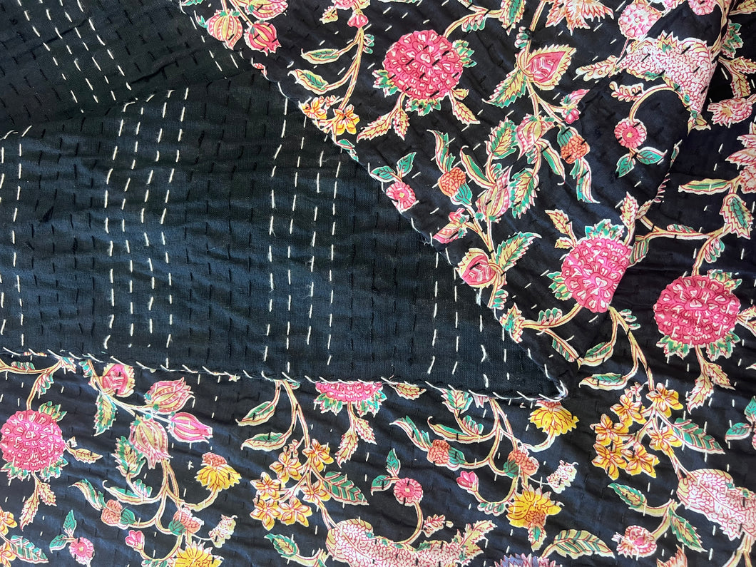 Kantha Rug ~ Black floral