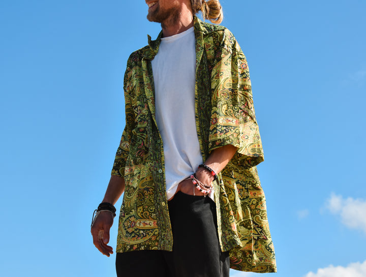 Rhododendron Mens silk shirt ~ Green