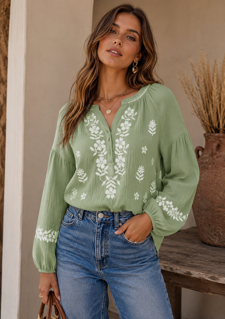Blossom Embroidered Blouse ~ Mint