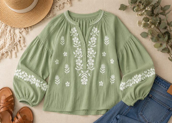 Blossom Embroidered Blouse ~ Mint