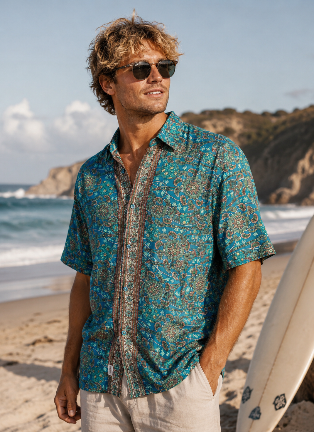 Rhododendron Mens silk shirt ~ Turquoise