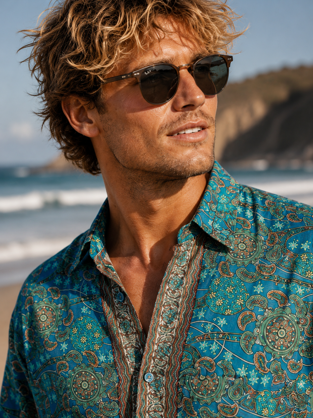 Rhododendron Mens silk shirt ~ Turquoise