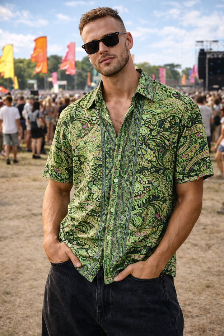 Rhododendron Mens silk shirt ~ Green