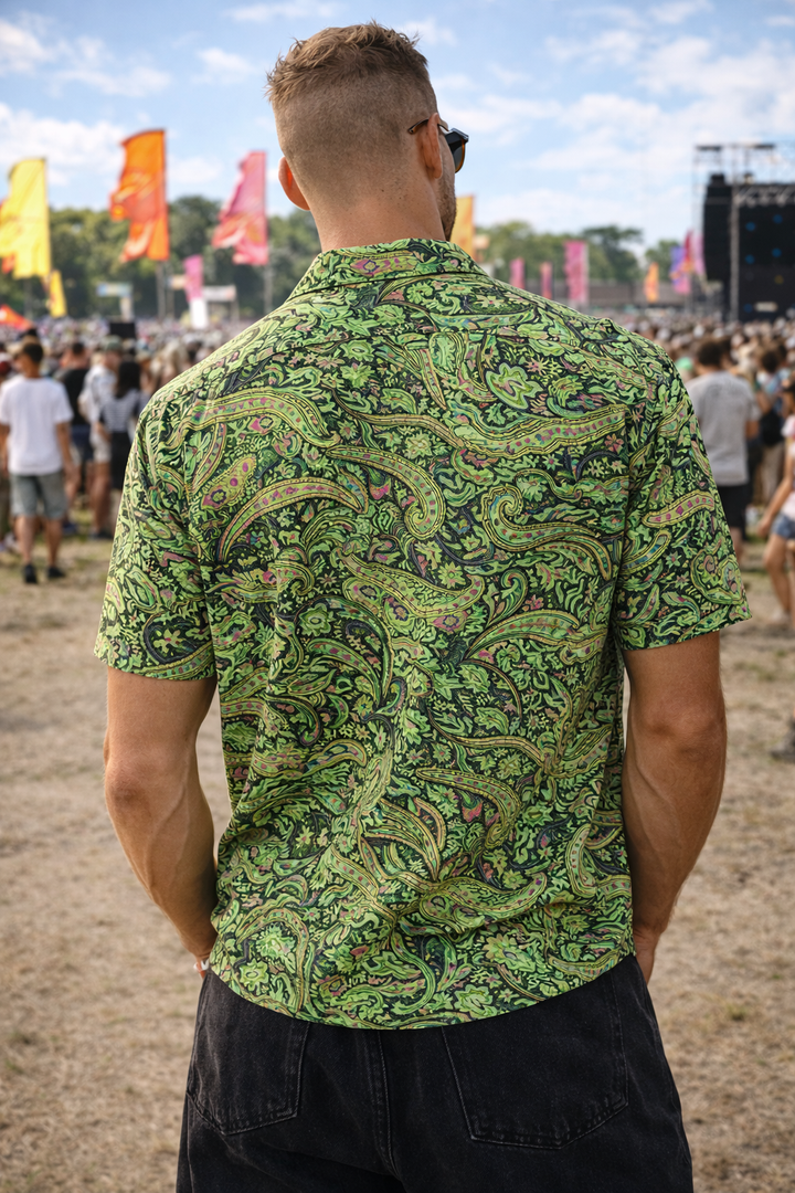 Rhododendron Mens silk shirt ~ Green