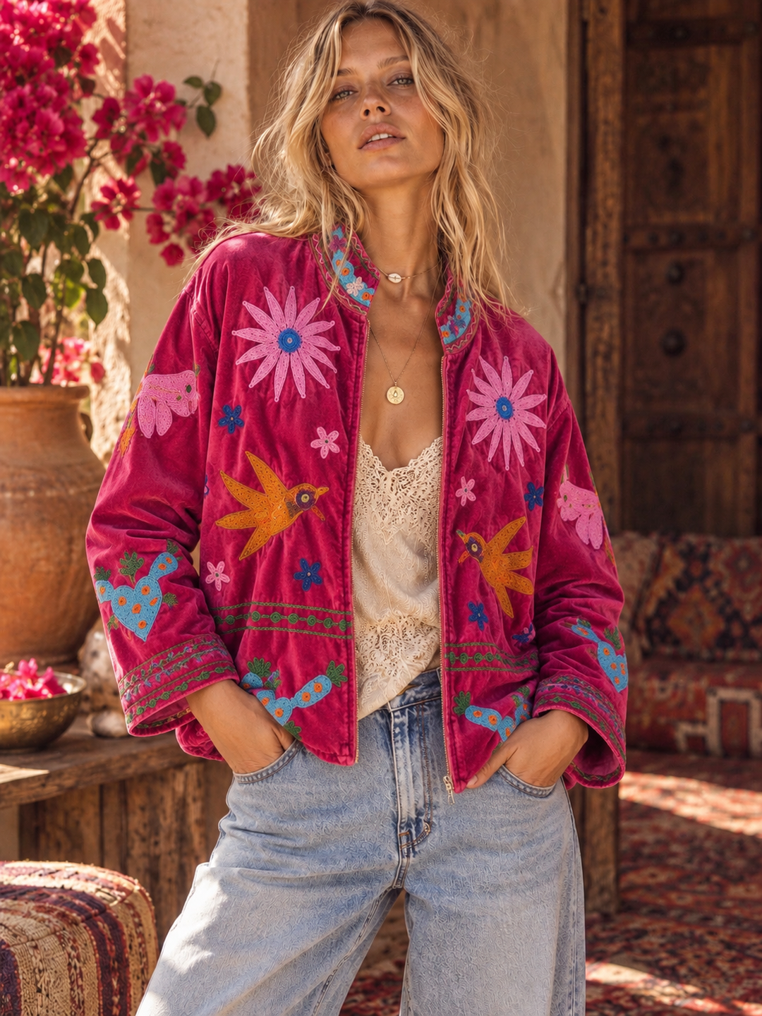 Love Bird Velvet Jacket - Ruby