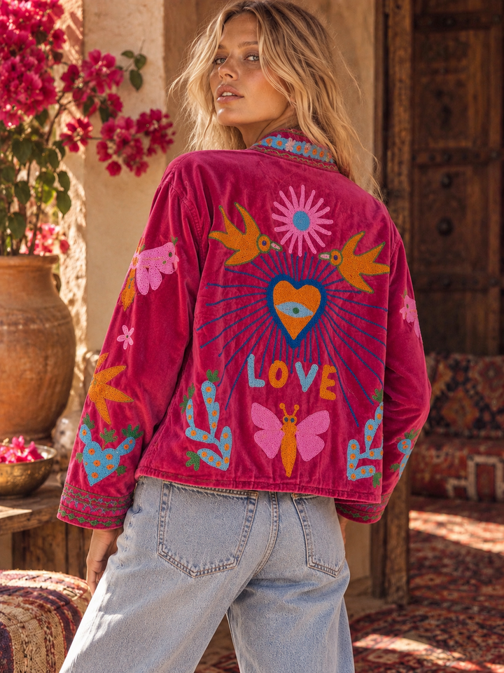 Love Bird Velvet Jacket - Ruby
